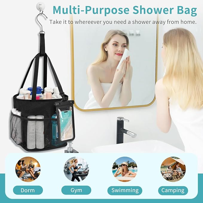 Hanging Shower Caddy, Mesh Shower Caddy Portable with Waterproof Phone Pouch for College Dorm Room Essentials, Large Capacity Shower Bag Basket with 7Pockets for Bathroom, Gym, Camping, Swiming, Beach