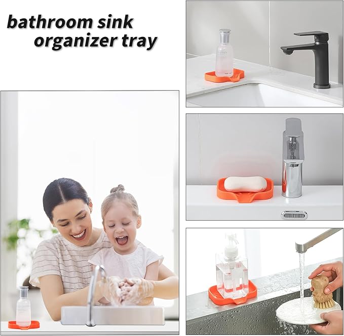 MicoYang Silicone Bathroom Soap Dishes with Drain Spout-Bathroom and Kitchen Sink Organizer,Sponge Holder,Dish Soap Tray,Perfect for Dispenser,Scrubber,Bottle,Cup on Sink or Counter-Orange 4.9"×3.2"
