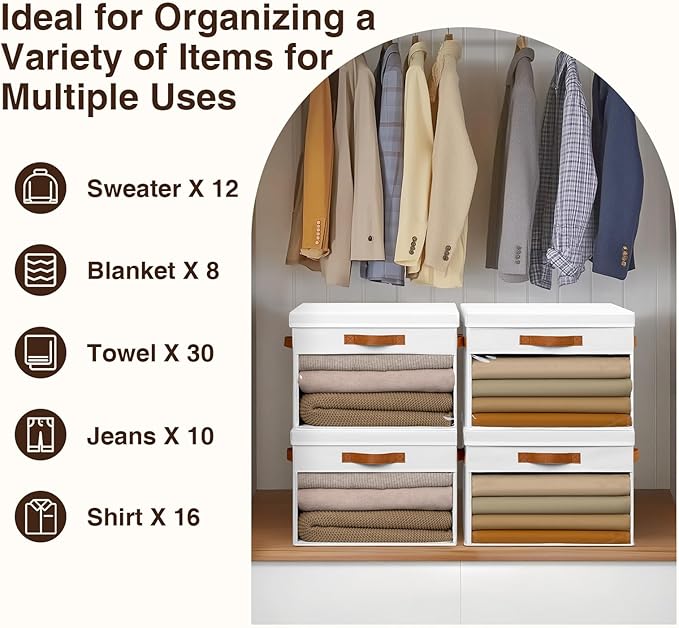 Large Storage Bins with Lids - 3 Pack Foldable Decorative Organizers with Clear Windows & Handles, Cube Storage Organizers for Clothes, Blankets, Sweaters, Sheets, White