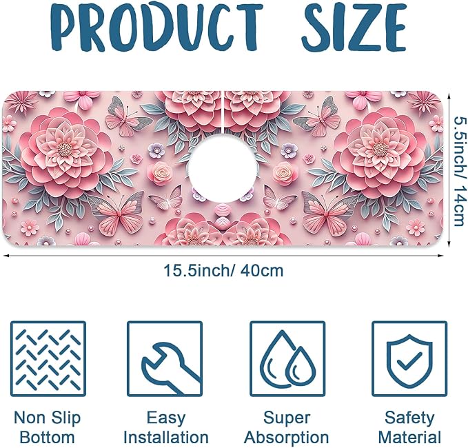 Pink Floral Sink Faucet Absorbing Mat Flower Butterfly Super Absorbent Fast Drying Mat Sink Gadgets Behind Faucet Sinkmat for Kitchen Bathroom, 15.5"x5.5"
