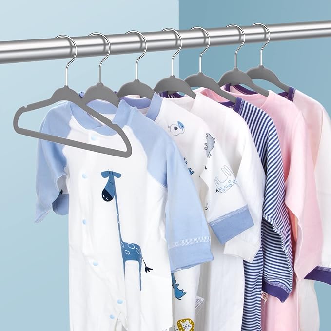 Kids Velvet Hangers 11 Inches Children's Clothes Hangers Non-Slip Baby Hangers Space-Saving Infant Closet Organizer | Durable & Lightweight (Grey,50pack) by MOERKADA