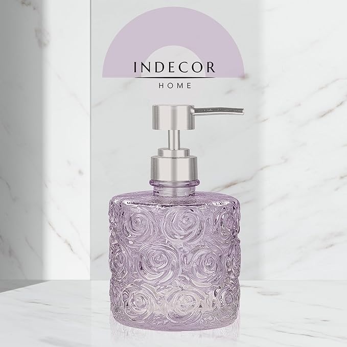 Marcella Glass Soap Dispenser with Soap Pump, Refillable 14 Ounce Capacity, Floral Design Rose Patterns, Heavy Weight Thick Glass for Bathroom, Premium Kitchen Soap Dispenser (Lavender Frost)