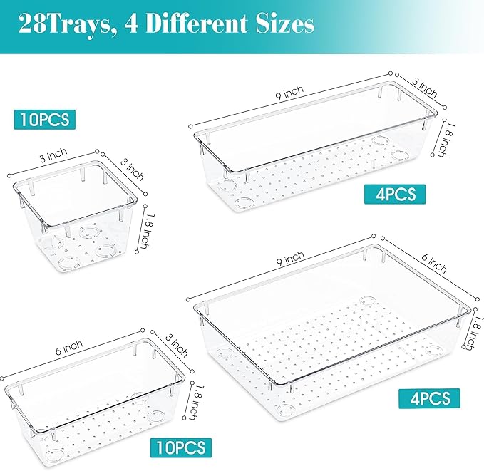 28 PCS Clear Plastic Drawer Organizers Set, 4 Size Desk Drawer Organizer Trays for Makeup, Jewelry, Kitchen Utensils, Gadgets and Office Accessories