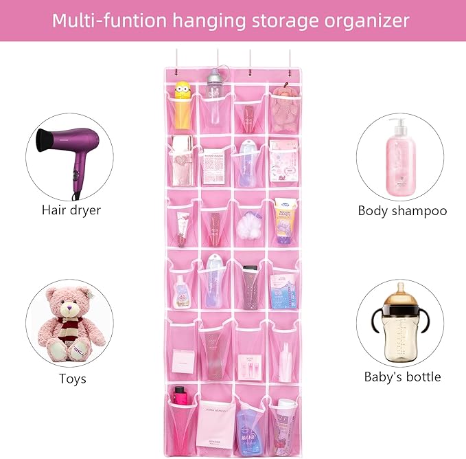 2 Pack Hanging Shoe Organizer，Over Door Shoe Organizer with 24 Mesh Large Pockets Shoe Storage Bag for Sport Shoes Size:58x21 Inch Hanging Door Shoe Rack Organizer (Pink-2pack)