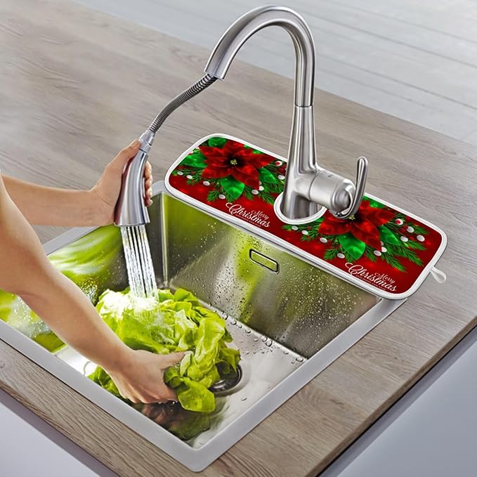 2 Pack Sink Splash Guard Merry Christmas Red Poinsettia Kitchen Faucet Absorbent Sink Mat for Faucet Kitchen Guard Drip Catcher Drying Mat for Farmhouse Barthroom Bar,L