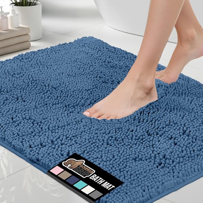 GORILLA GRIP Bath Rug Mat 44x26, Thick Soft Absorbent Chenille, Quick Dry Microfiber Mats, Rubber Backing Washable Shower Floor Rugs, Bathmat Runner, US Designed Bathroom Home Decor Accessories Blue