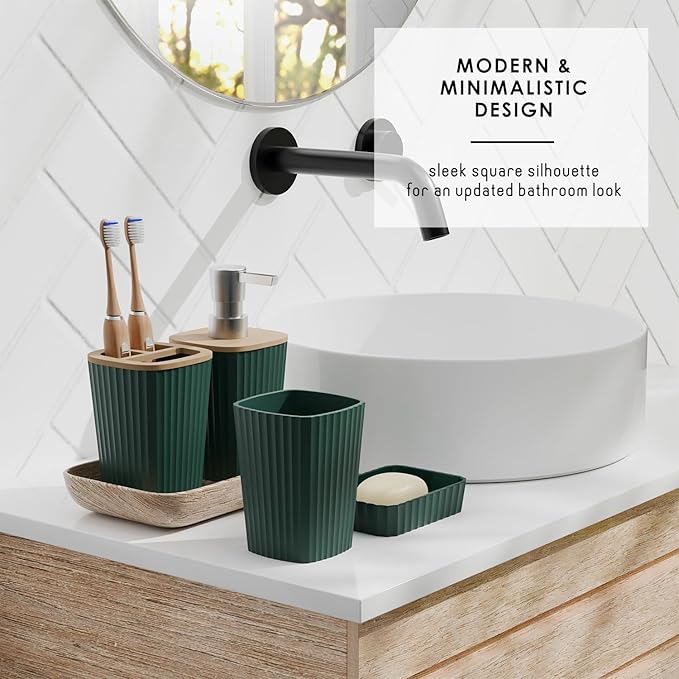 Clara Clark Bathroom Accessories Set - Bathroom Set, Bathroom Sets with Shower Curtain and Rugs, Shower Curtain Set with Bathroom Trash Can - Ombre Green - 22PC