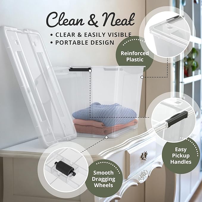 Lifetime Appliance Parts 4 PACK 97 Qt. Plastic Storage Bin Tote Organizing Container with Ultra Durable Lid & Secure Latching Buckles Stackable Extra Strength Clear w/Black Handle
