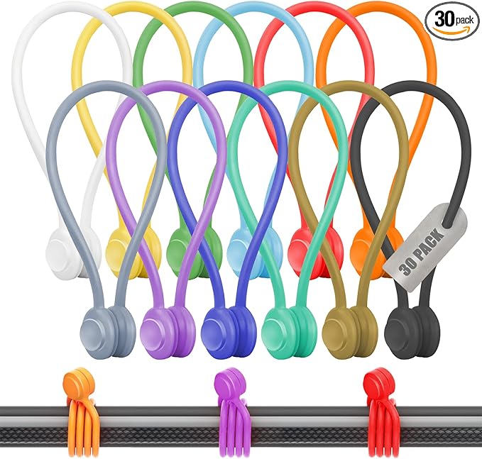 30-Pack Magnetic Cable Ties – Snap-On Silicone Magnetic Cord Ties with Strong Magnets – Reusable Magnetic Ties for Cords, Wire Organizer, Charging Cord Organizer – Assorted Colors