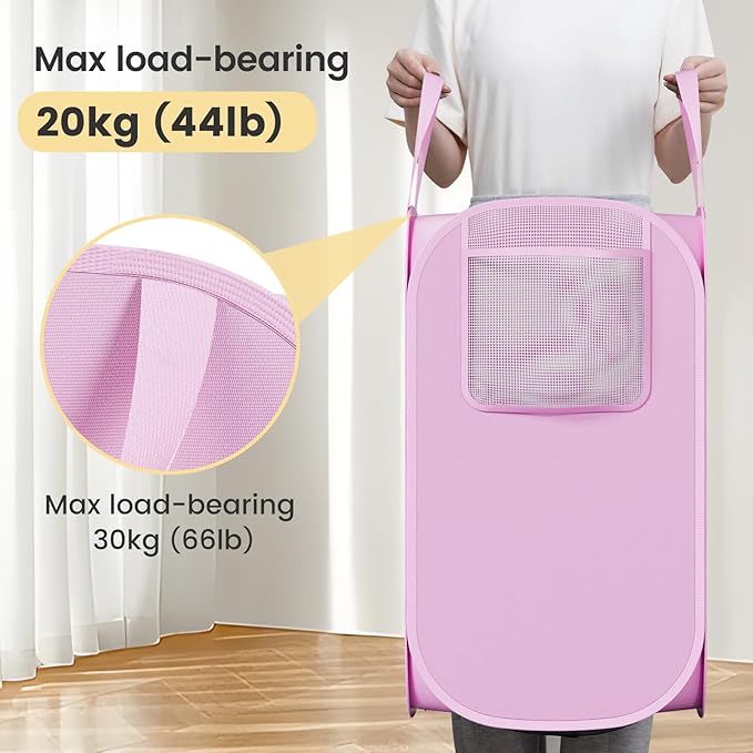 Polyester Strong Mesh Pop-up Laundry Hamper, Quality Pop Up Hampers for Laundry with Durable Handles Solid Bottom High Carbon Steel Frame, Easy to Open and Fold Flat for Storage(Light Pink)