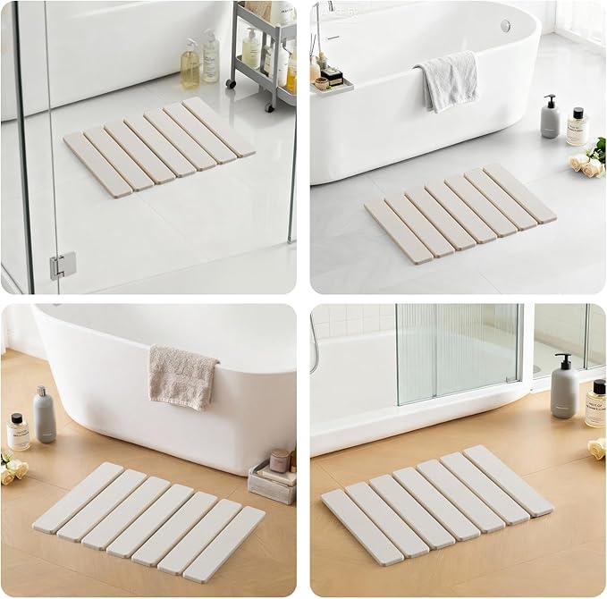 ODE TO ORDER 15.76 Inch Super Absorbent Diatomaceous Earth Mat for Bathroom, White Easy Clean Rollable Foldable Stone Bath Mat, Non-Slip Quick Dry Shower Mat for Kitchen,Outdoor Use
