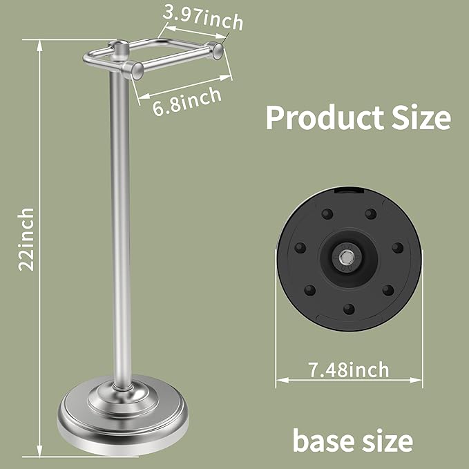 WZRUA Toilet Paper Holder Stand, Brushed Nickel Toilet Paper Holder Free Standing,Post Pivoting Design & Stable Weighted Base SUS304 Stainless Steel for Bathroom
