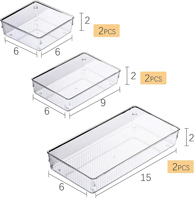 ihomecooker 3 Pack Clear Plastic Drawer Organizer Tray Cutlery Utensil Makeups Drawer Silverware Organizers 12" X 6"… (6P(6X6+6X9+6X15))