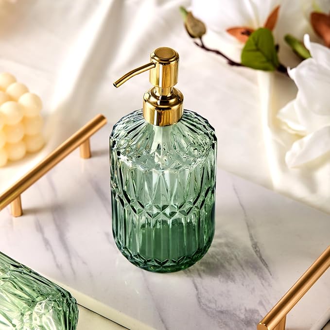 17 Oz Green Glass Kitchen Soap Dispenser for Dish Soap, 2 Pack Bathroom Soap Dispenser Set with Gold Rust Proof Pump for Lotion, Hand soap or Body Wash