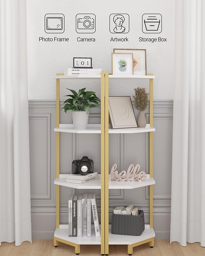 Corner Shelf Stand, Corner Bookshelf, Storage Standing Shelf Unit with Metal Frame, Plant Stand, Bookcase for Living Room, Home Office, Bedroom, 4-Tier White Gold CS05803A