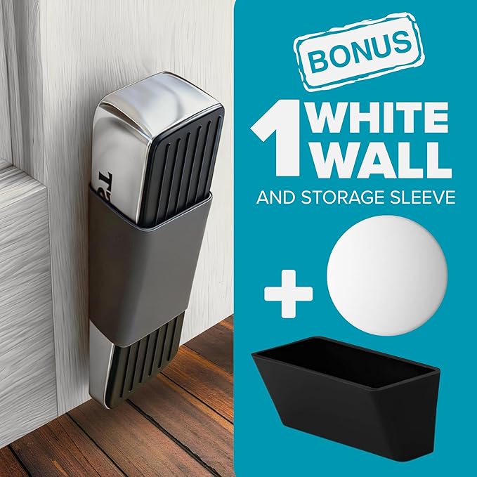 Strongest Home Heavy Duty Door Stopper Wedge 1 Pack Chrome | Non-Slip Rubber and Metal Door Stop for Heavy Doors | Work on Wood, Tile, Carpet + White Wall Protectors