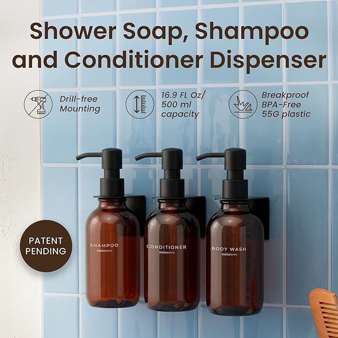 MaisoNovo Shampoo and Conditioner Dispenser - Shower Soap Dispenser Wall Mounted - 16.9 fl oz Set of 3 Amber Plastic Bottles Black Plastic Pump - 3 Chamber No Drill