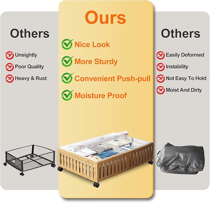 Bamboo Under Bed Storage Containers with Wheels, 40L UnderBed Drawers with Dust Bag, Breathable Under Bed Shoe Storage, Rolling UnderBed Clothes Storage, 1Pack
