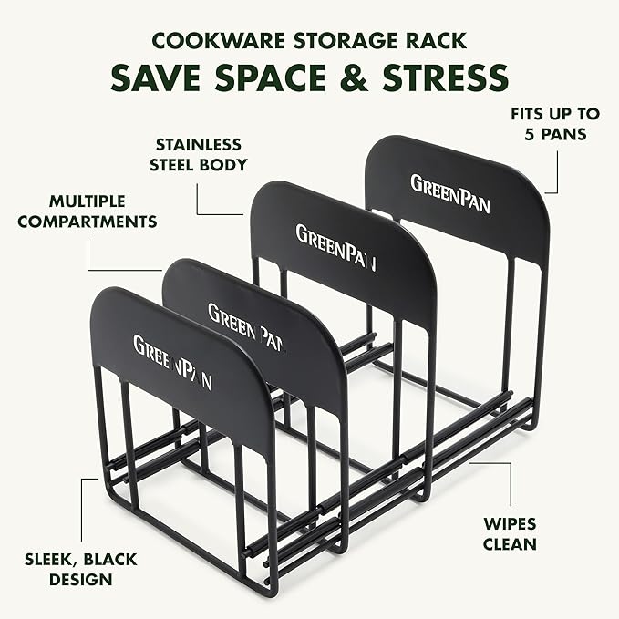 GreenPan Stainless Steel Wire Cookware Storage Rack, 5 Frying Pan Compartments, Countertop or Cabinent Organizer, Minimizes Clutter, Fast Drying, Wipes Clean, Black