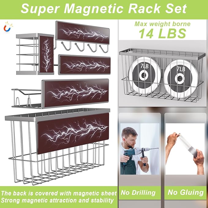Magnetic Spice Rack for Refrigerator, 7 Pack Magnetic Fridge Shelf for Kitchen Organization Storage, Moveable Spice Organizer W/Paper Towel Holder, Utensil Caddy, Cutting Board Rack (Grey)