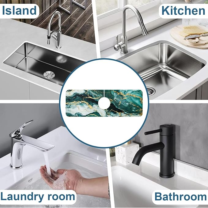 Green Marble Sink Faucet Absorbing Mat Liquid Gold Marble Super Absorbent Fast Drying Mat Sink Gadgets Behind Faucet Sinkmat for Kitchen Bathroom, 15.5"x5.5"