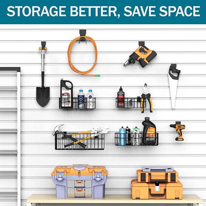 4 Pack Large Size Slatwall Baskets Set, Ventilated Metal Hanging Storage Slat Wall Basket, Mounted Slatwall Accessories for Garage Storage Organizing Display on Slatwall Panels bins (Black)