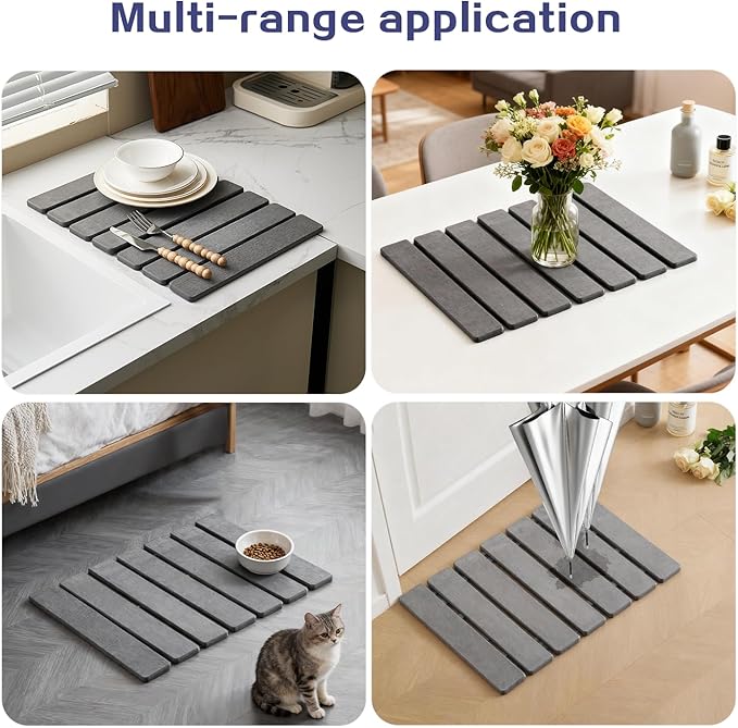 ODE TO ORDER 15.76 Inch Super Absorbent Diatomaceous Earth Mat for Bathroom, Dark Grey Easy Clean Rollable Foldable Stone Bath Mat, Non-Slip Quick Dry Shower Mat for Kitchen, Outdoor Use