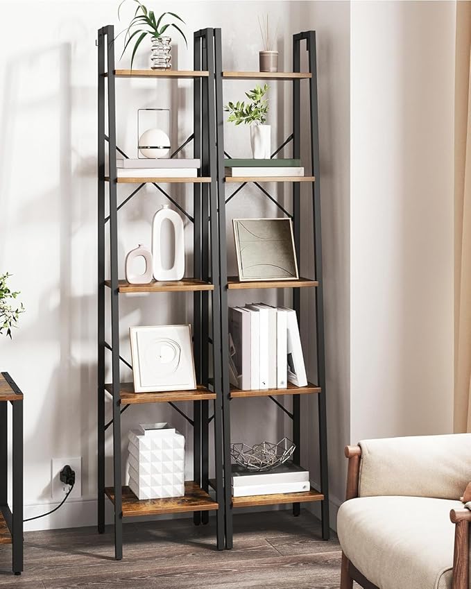 Ladder Shelf, Bookshelf Bookcase, Freestanding Corner Storage Shelve with 2 Hooks for Home Office, Living Room, Kitchen, Bedroom, Industrial, 11.8" D x 13.4" W x 63" H, Rustic Brown BC03201B