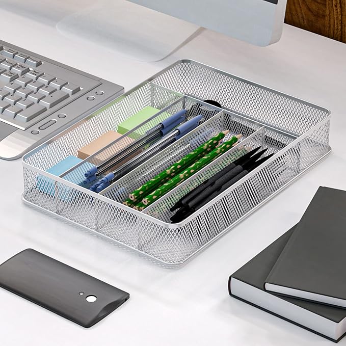 TQVAI Silverware Organizer - 5 Slots Non-Slip Mesh Kitchen Drawer Organizer - Metal Compact Utensil Cutlery Holder in Drawer Tray, Silver
