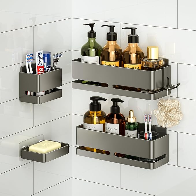 YESENT Bathroom Shower Caddy (5-Piece Set Storage Rack), Wall-Mounted Shelf with soap Dish and Toothbrush Holder, no Drilling Required, Ideal for Bathroom Storage and Also Suitable for Kitchen (Grey)