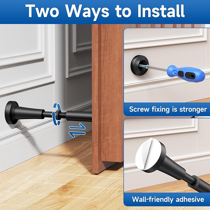 2pcs Adjustable Spring Door Stops, 4.17-5.35in Aluminum Long Door Stoppers with Silicone Tip, Matte Black Door Stop for Bottom of Door, Screw & Adhesive Installation, Black