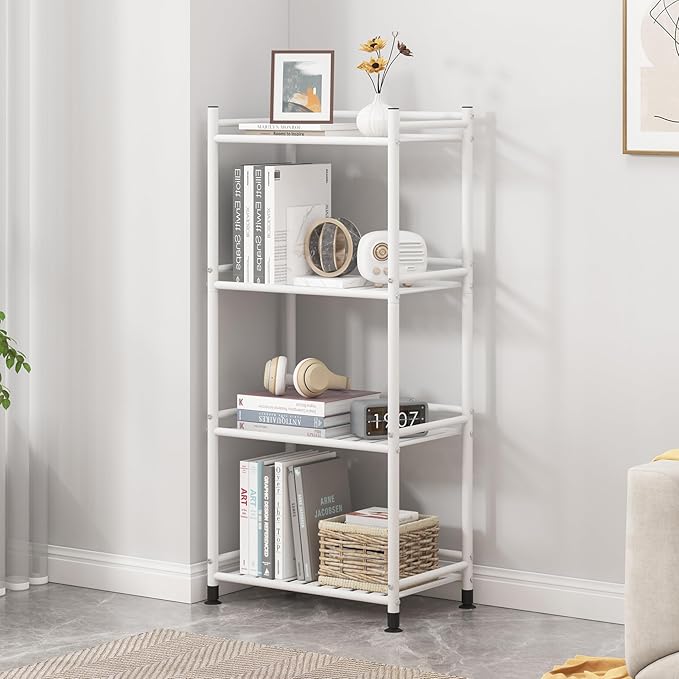4 Tier Bathroom Storage Open Shelf Unit, Free-Standing Metal Corner Rack Shelving for Kitchen, Living Room, Hallway (White, Wider 4 Tier)