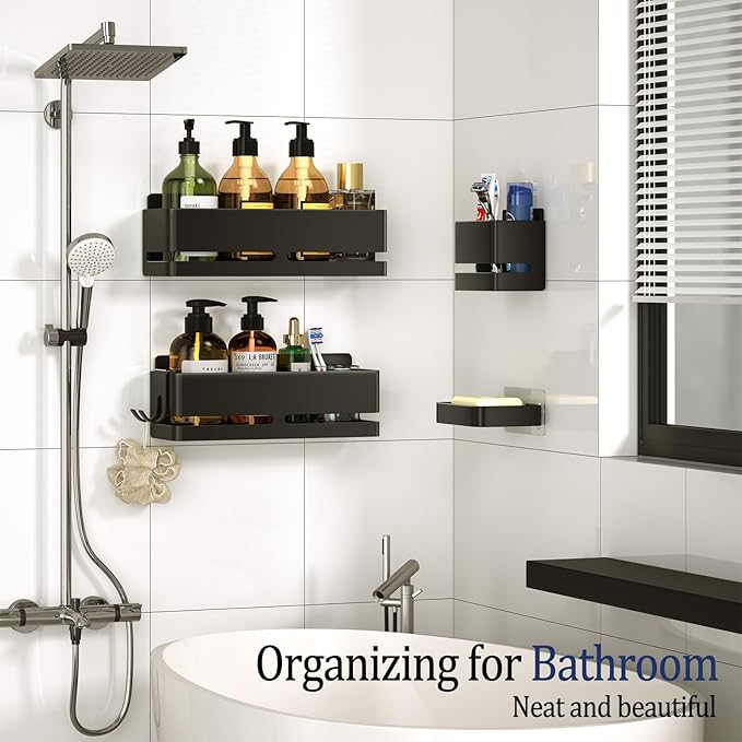 YESENT Bathroom Shower Caddy (5-Piece Set), Wall-Mounted Shelf with soap Dish and Toothbrush Holder, no Drilling Required, Ideal for Bathroom Storage and Also Suitable for Kitchen (Black)