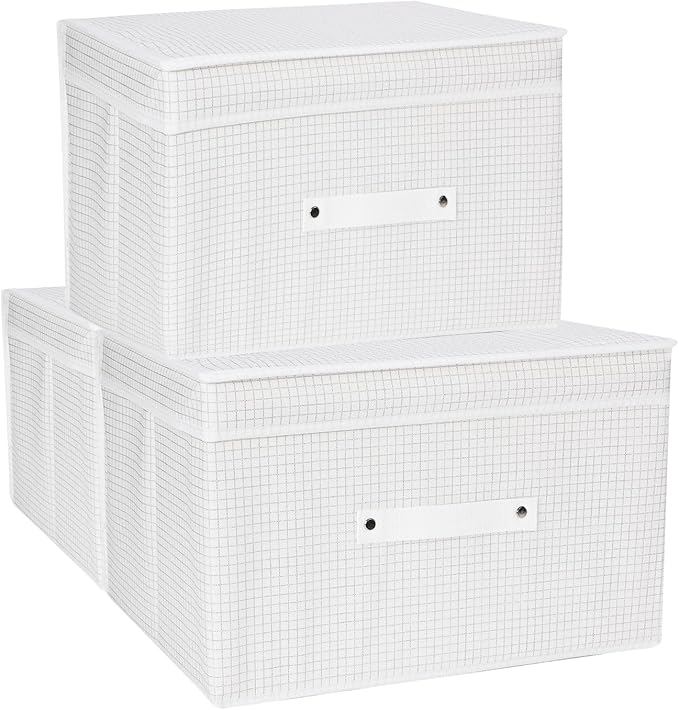 DUHEL Storage Bins 3 Pack, Fabric Storage Basket for Collapsible Medium Canvas Storage Baskets for Organizing Shelf Nursery Home Closet . (White&Blue-3PCS) (White Grid-3PCS)