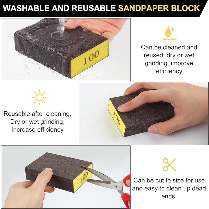 Romeda 8-Pack Sandpaper Block, 100 Grits Washable and Reusable Handmade Sanding Sponge, Drywall Sandpaper Blocks for Wooden Drywall Sheetrock and Metal Glazing