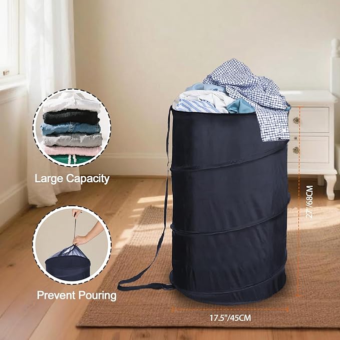 BATTOO Collapsible Laundry Baskets- Foldable Hamper for Laundry Extra Large Pop Up Laundry Hamper 107L with Long Straps Drawstring Clothes Hamper for Bathroom, Campout, Dorm or Travel Navy