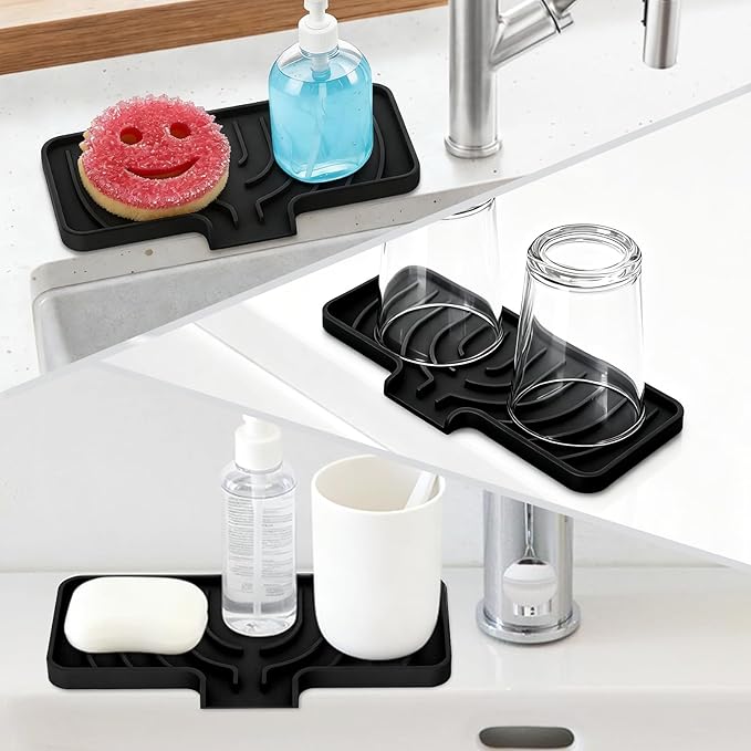 GUUKIN Sponge Holder for Kitchen Sink , 9.8"×4.9" Silicone Dish Drying Mat, Scrub Daddy Holder, Kitchen Sink Accessories, Suitable for Kitchens & Bathrooms (Black)