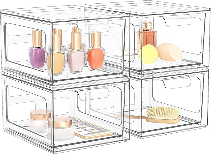 4 Pack Stackable Plastic Makeup Organizer Drawers, Acrylic Organizers, Clear Storage Bins with Pull-Out Handles for Vanity, Kitchen Cabinets, Pantry