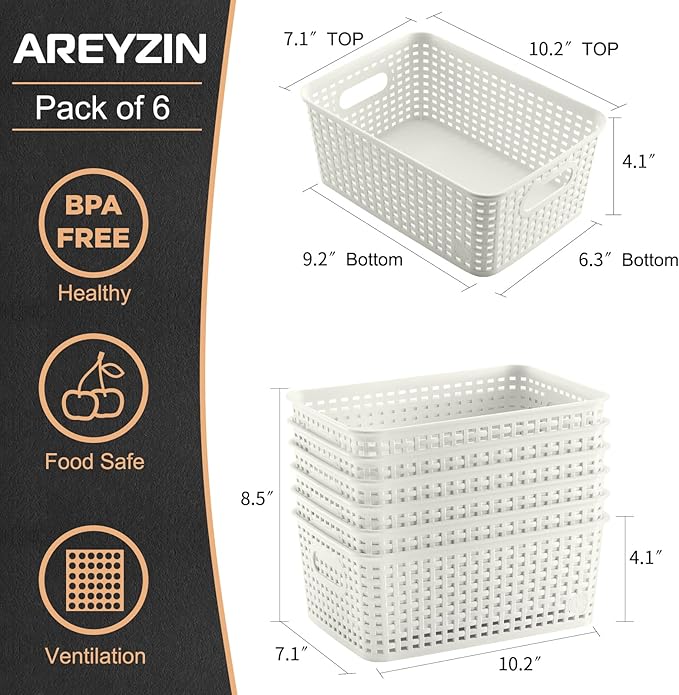 Plastic Storage Baskets Set of 6 Sturdy Pantry Organizers and Storage Bins Storage Container for Shelves, Countertops, Desktops, Cabinets, Bedrooms,White