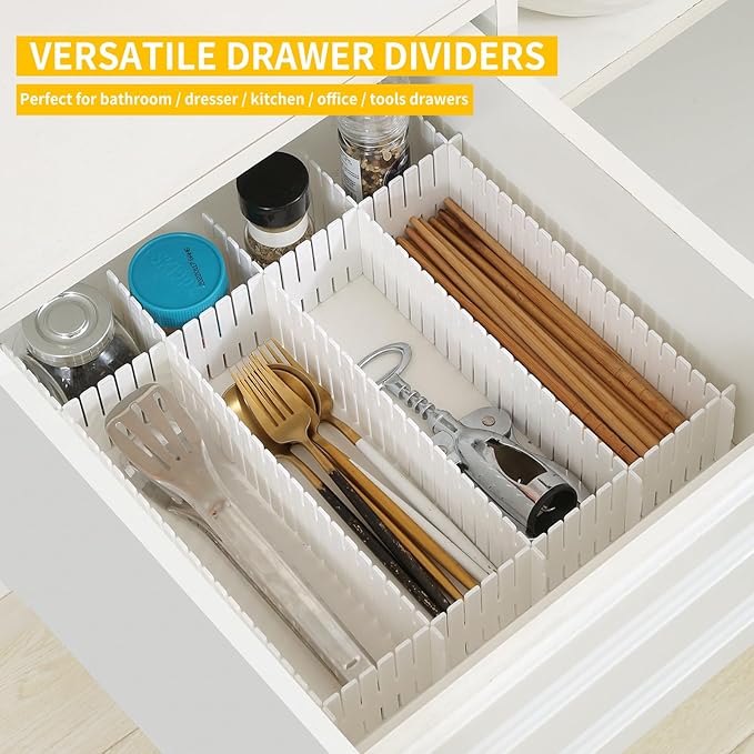 Qozary 42 Pack Adjustable Drawer Organizer Dividers for Socks, Underwear, Makeup, Kitchen, Dresser