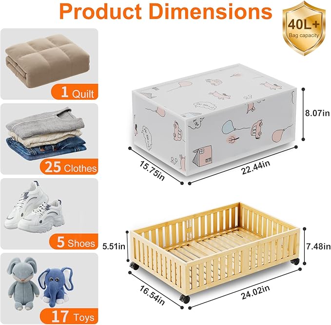 Bamboo Under Bed Storage Containers with Wheels, 40L UnderBed Drawers with Dust Bag, Breathable Under Bed Shoe Storage, Rolling UnderBed Clothes Storage, 1Pack