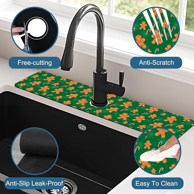 Christmas Happy New Year Sink Faucet Absorbing Mat Santa Claus Super Absorbent Fast Drying Mat Sink Gadgets Behind Faucet Sinkmat for Kitchen Bathroom, 23.5"x5.5"