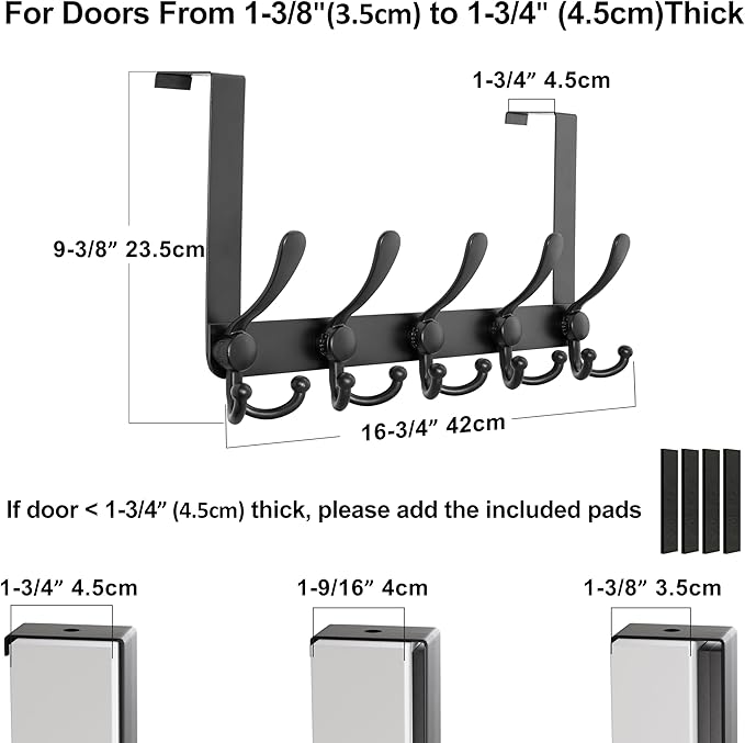 Dseap Over Door Hook 2.0 - Upgraded Version - Simple-Assembly, Strong, Heavy-Duty Stainless Steel 5-Tri-Hook Over The Door Hanger Rack, SimpleStrong Series, Black