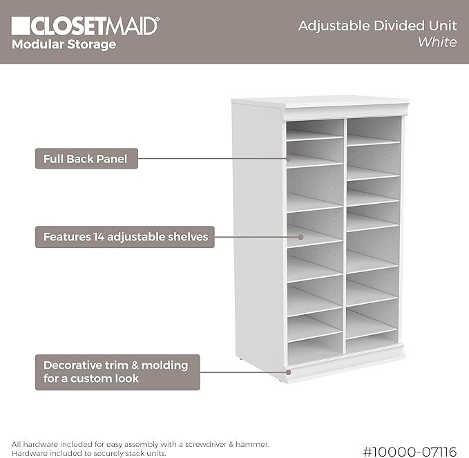 ClosetMaid Modular Adjustable Divided Storage Shelving Unit Organizer, 15.94-Inch D x 40.3-Inch H x 21.38-Inch W, White