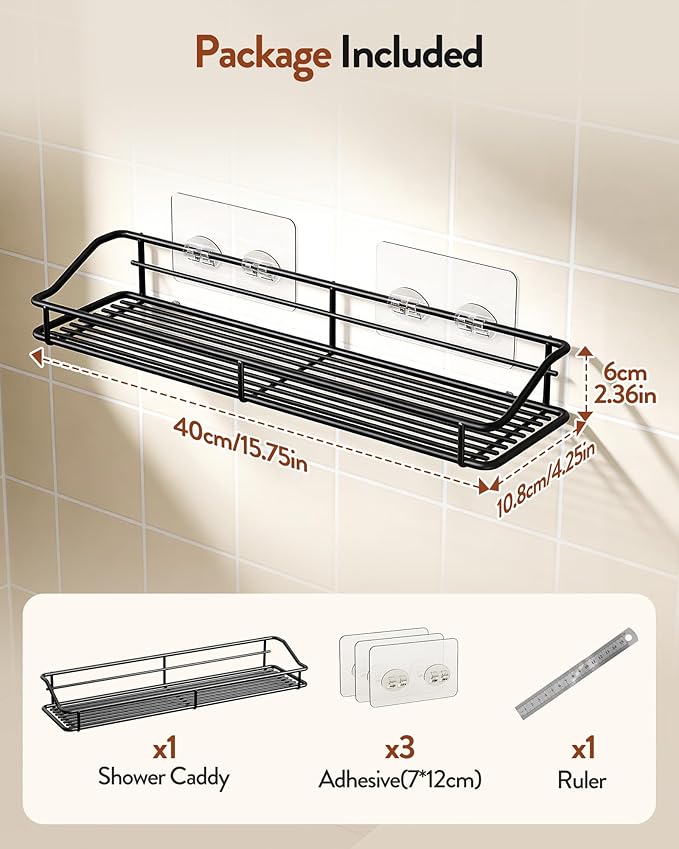Orimade Adhesive Bathroom Shelf Organizer Shower Caddy Storage Basket Kitchen Spice Rack No Drilling SUS304 Stainless Steel Rustproof, 15.75 inch, Black