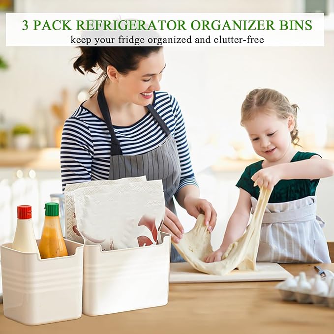 3 Pack Refrigerator Organizer Box, Plastic Refrigerator Side Door Storage Containers, Space-Saving Organizer Bins for Fridge, Refrige Drawers for Fruit and Vegetable (White, S×3)
