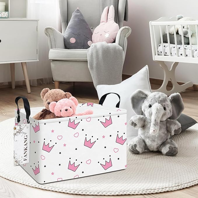 FANKANG Storage Bins, Nursery Hamper Canvas Laundry Basket Foldable with Waterproof PE Coating Large Storage Baskets for Kids Boys and Girls, Office, Bedroom, Clothes,Toys(Rec-pink crowns)
