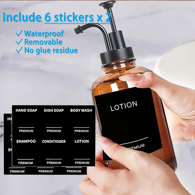 Amber 18 Oz Dish Soap Dispenser for Kitchen, Ultra-Thick Glass Soap Dispenser Set with Tray, Pump, Funnel for Bathroom, Liquid, Lotion, Shower, Laundry, (2 Pack with 12 Stickers)