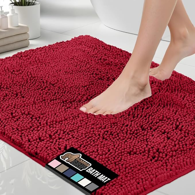 GORILLA GRIP Bath Rug Mat 44x26, Thick Soft Absorbent Chenille, Quick Dry Microfiber Mats, Rubber Backing Washable Shower Floor Rugs, Bathmat Runner, US Designed Bathroom Home Decor Accessories Red