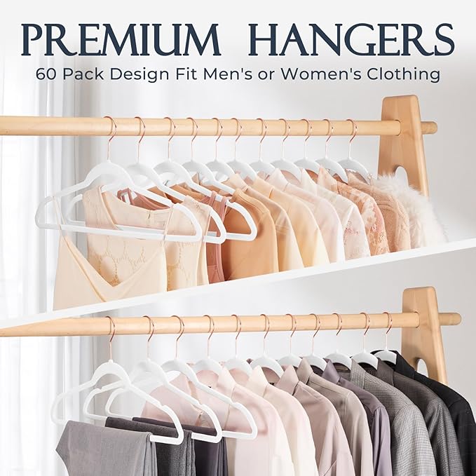 HOUSE DAY White Velvet Hangers 60 Pack, Premium Non-Slip Felt Clothes, Sturdy Heavy Duty Coat, Durable Hangers for Suits, Space Saving with No Hanger Mark, 360° Swivel Rotating Rose Gold Hook